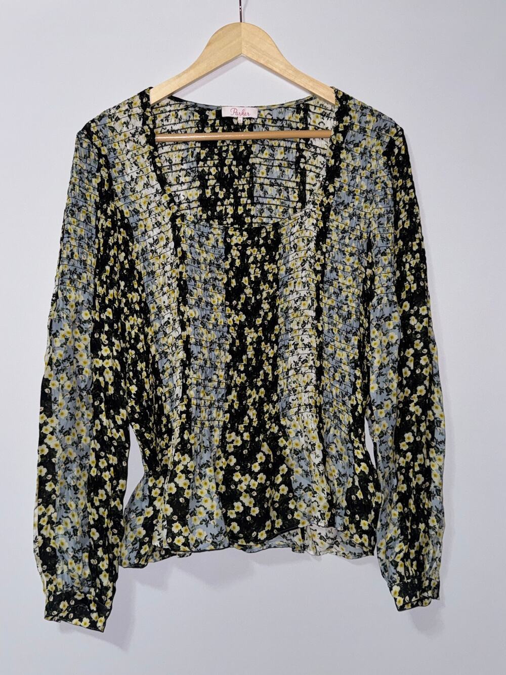 Parker Silk Blend Floral Blouse Long Sleeve Peplum Top Size Large
